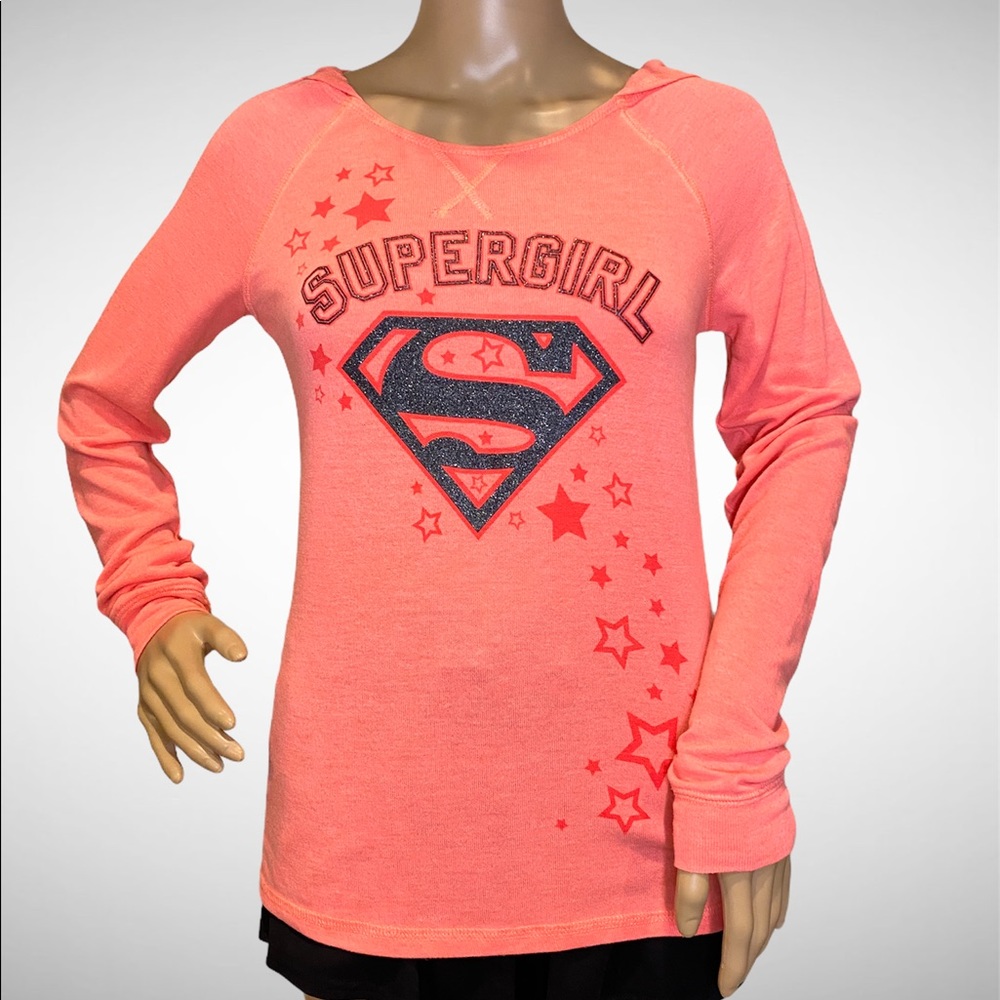SuperGirl Coral Hooded Long-Sleeve T-Shirt Size Girls XL or Women's XS/Small VGC